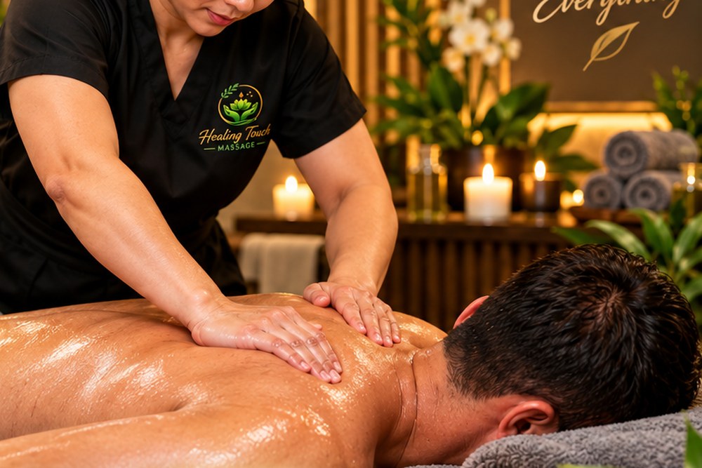 Firm pressure applied to back muscles during a deep tissue massage