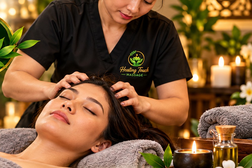 Gentle head and scalp massage during a calming wellness session