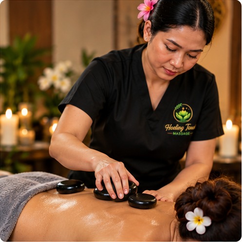 Massage oil and natural botanical elements arranged for a home treatment