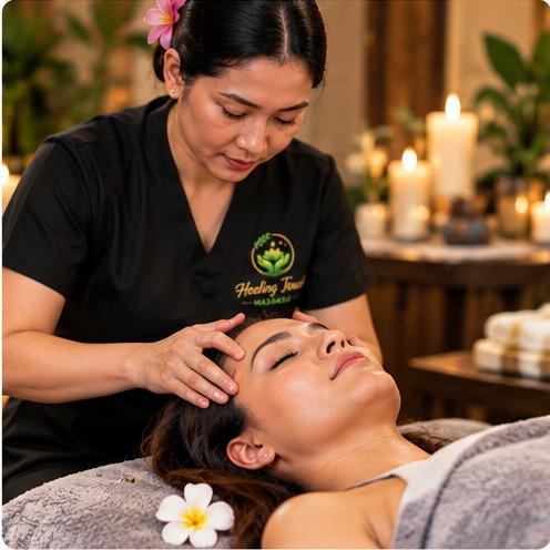 Gentle head massage in a bright, calm home environment